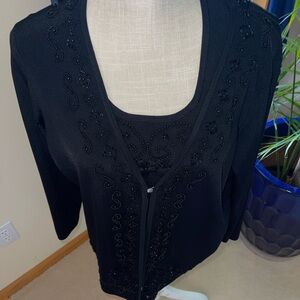 BCBGMaxAzria 2 Piece Black Beaded Open-Front Women's Cardigan and Scoup Tank